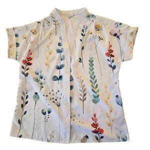 Zolucky Womens Button Front White Mixed Floral Print Short Sleeve Blouse Medium